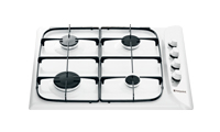 Hotpoint G640SW Gas Hob with 4 Zones and Enamel Pan Supports in White.