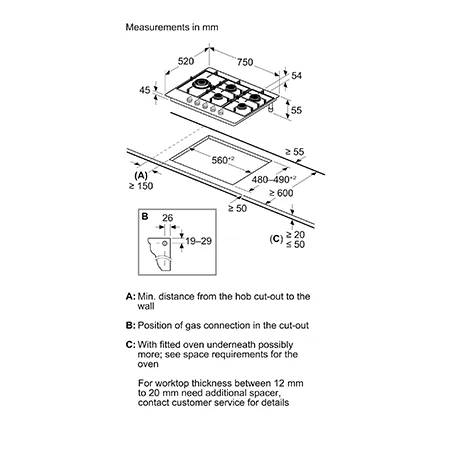 BOSCH PGM7B5K90 75cm 5 Burner Gas Hob, Stainless Steel